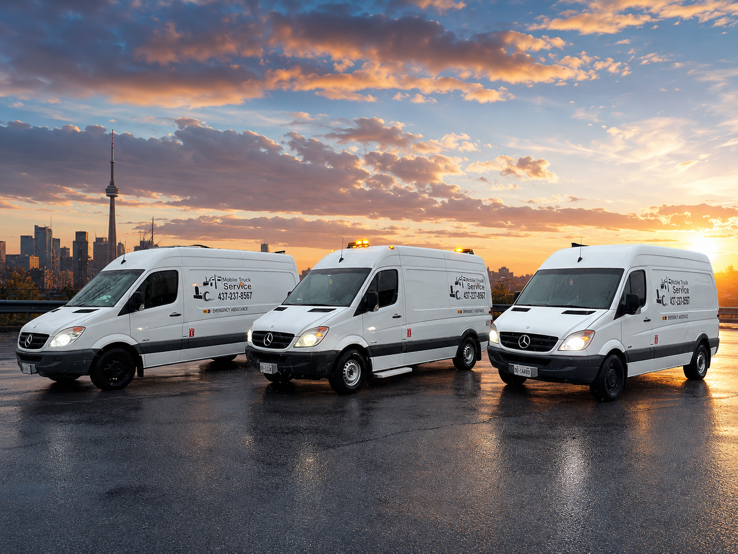 FleetFix mobile service vans with the Toronto skyline at sunset